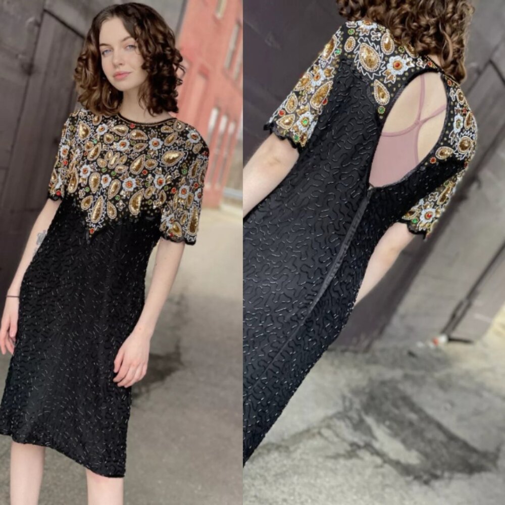 Laurence Kazar Vintage 80s Silk Bead-Sequin Dress Black - Picture 1 of 14